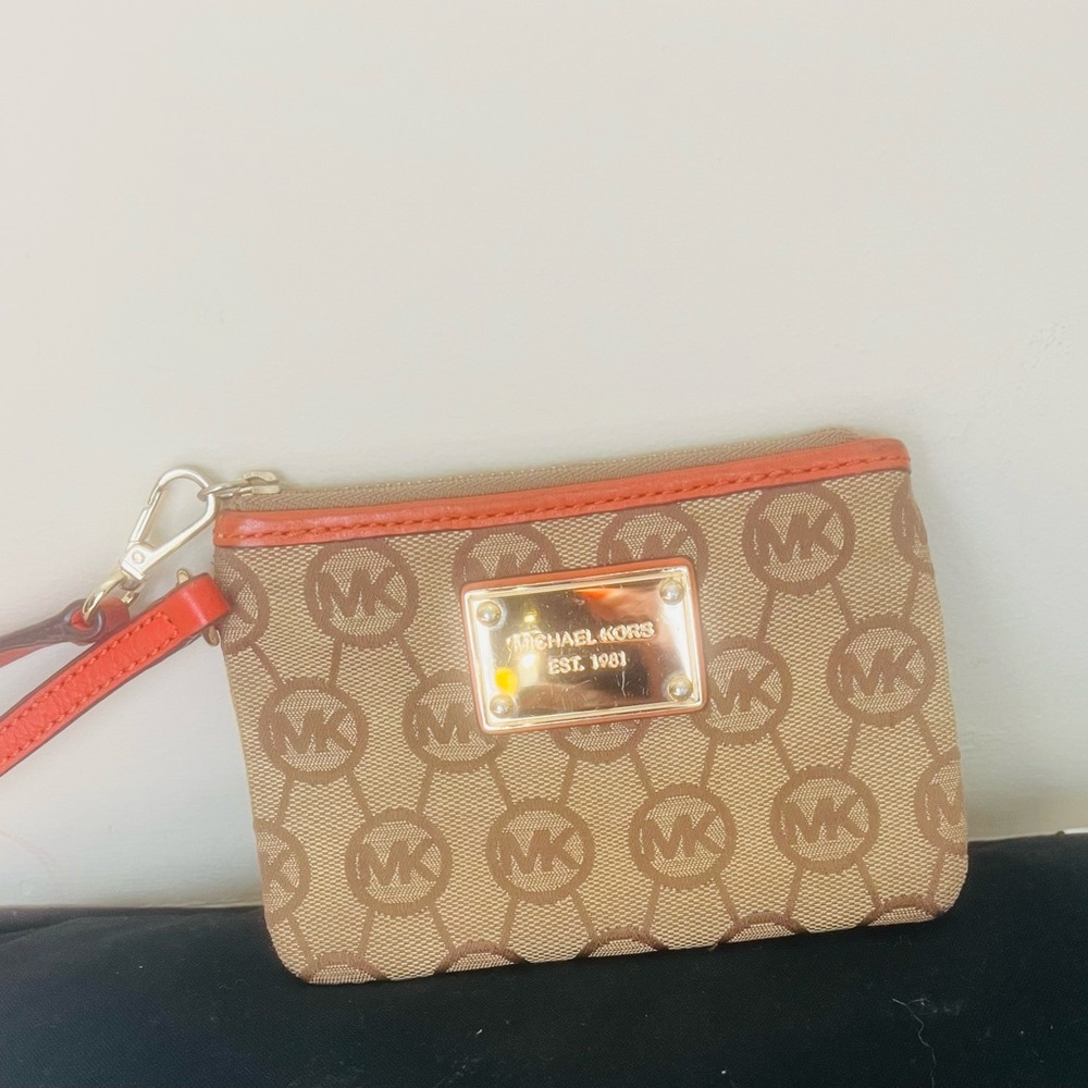 Michael Kors Tan and Orange Logo Wristlet